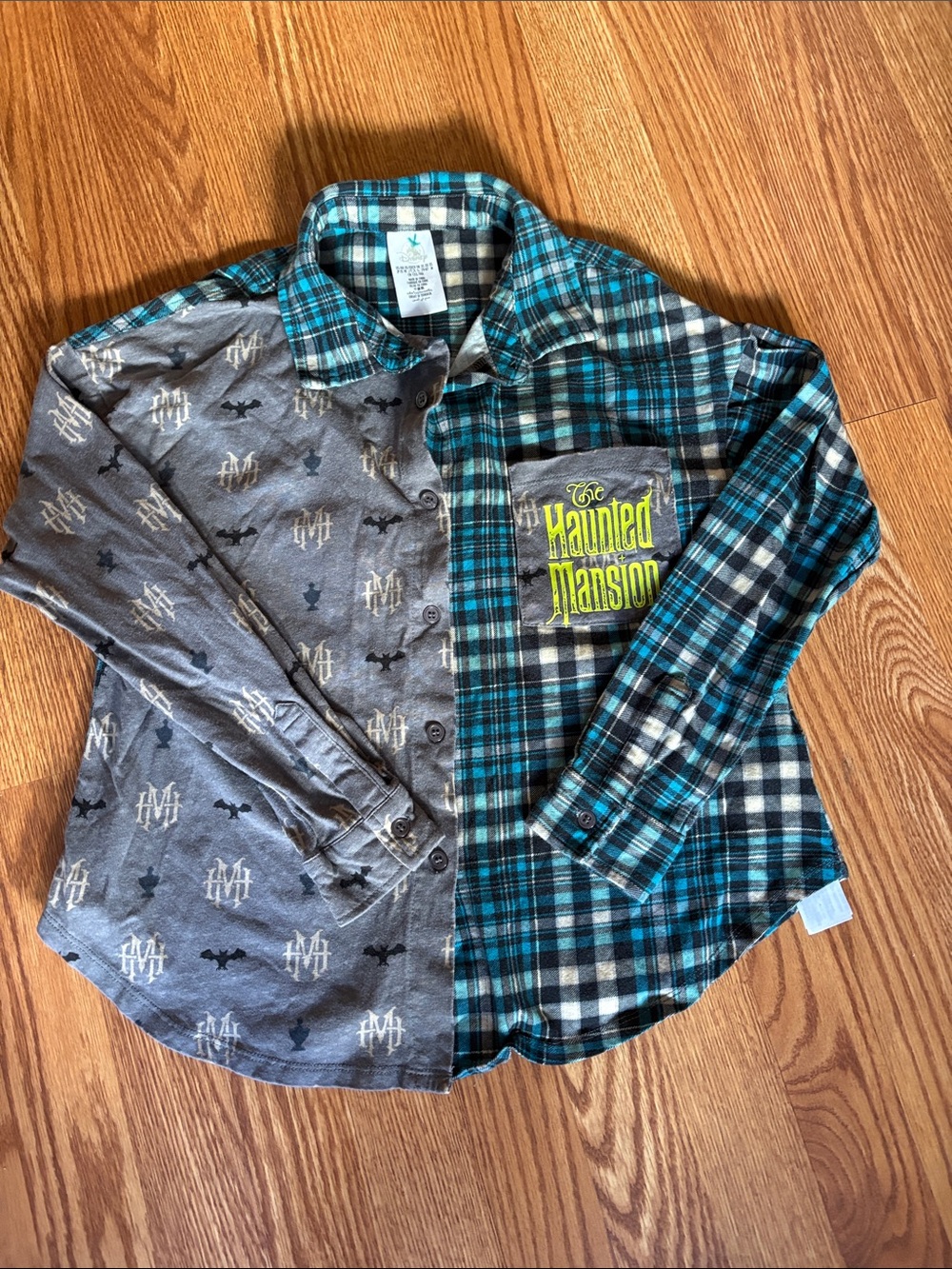 Disney - The Haunted Mansion Patchwork Button-Down Shirt - Gray & Teal Plaid